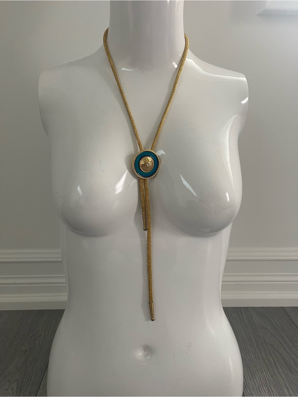 Source Unknown Gold Cord Bolo Tie with Blue Medallion